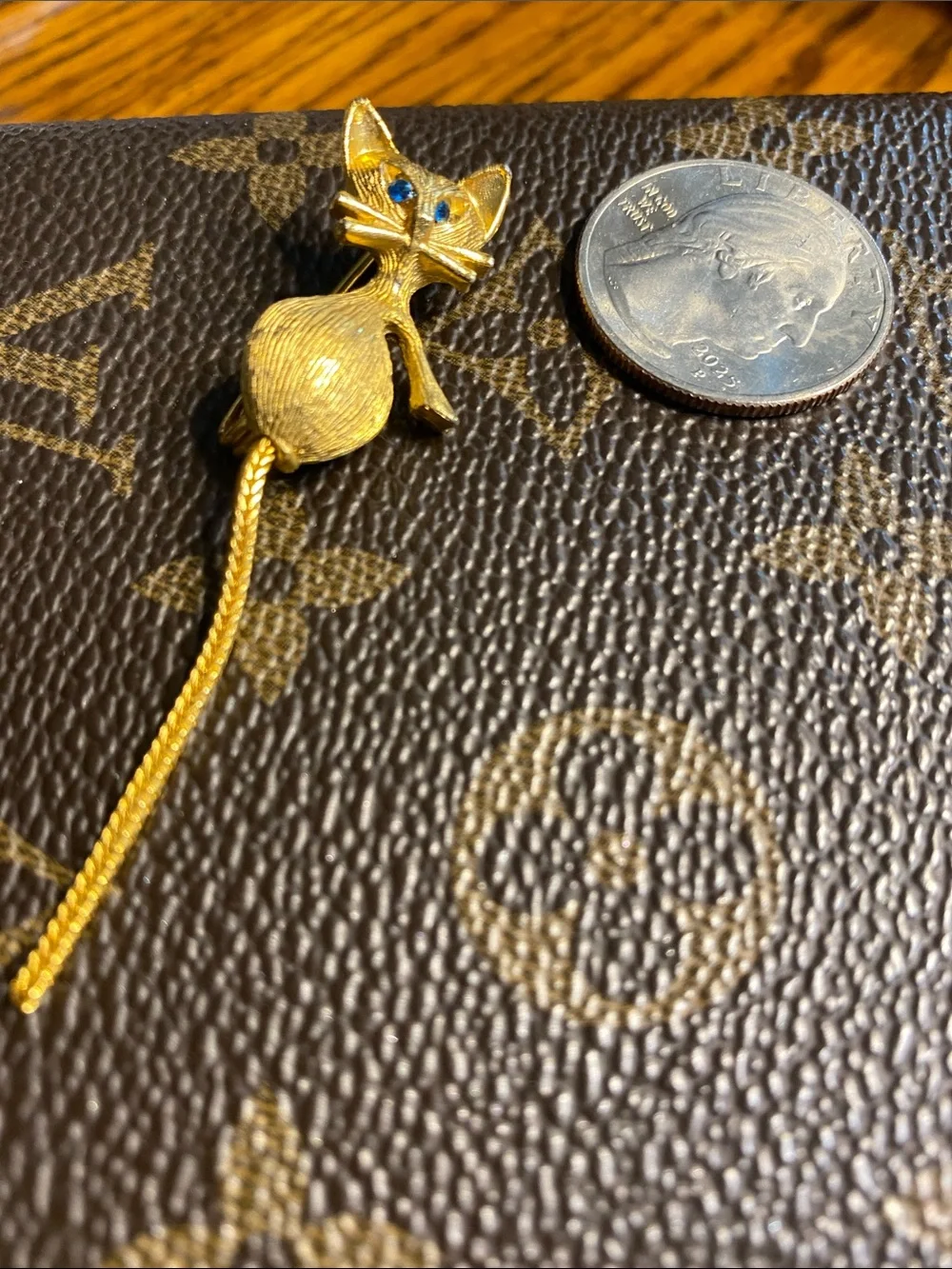 Vintage Whimsical Textured Gold Cat Pin Blue Rhinestone Eyes Articulated Tail